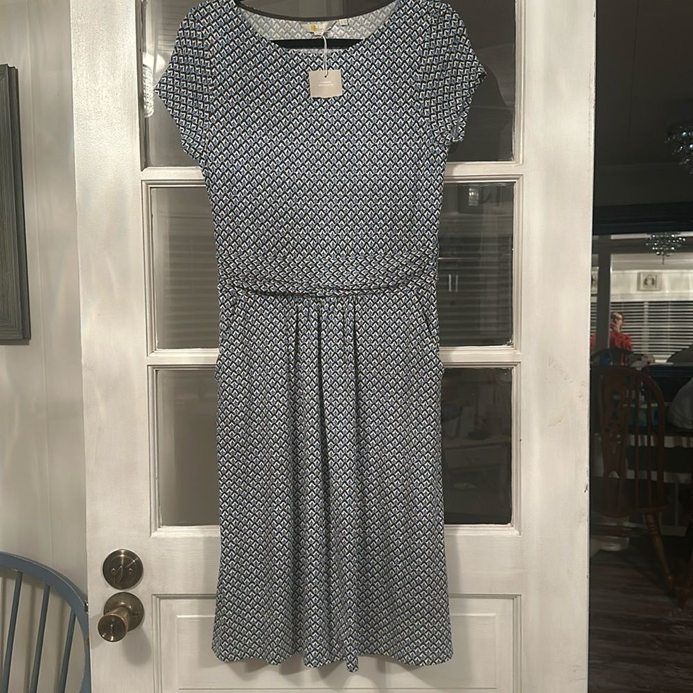 Boden Navy and White Geometric Cap-Sleeve Amelie Dress, US 6